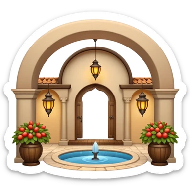 3D Apple-style emoji of a traditional Turkish han with courtyard, arches, fountain, wooden doors, and hanging lanterns. Rounded, glossy, smooth, soft shadows, white background.







 sticker