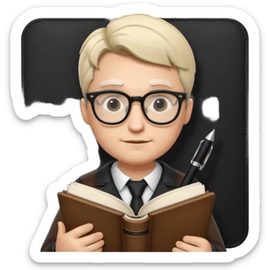 writer holding big pen in hand and book in other hand, wearing glasses sticker