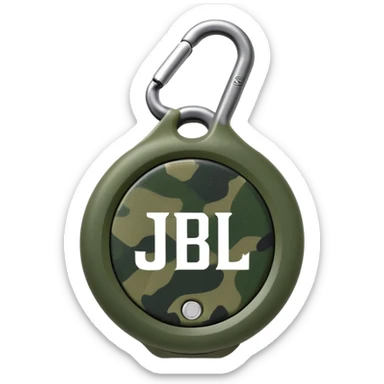 Minimalist JBL Clip 4 speaker with circular shape, carabiner clip, green camouflage pattern, and small JBL logo in the center, iOS emoji style sticker