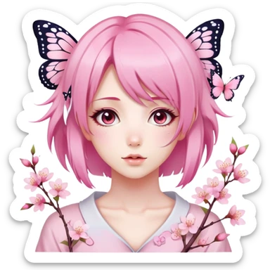 A Gorgeous Beautiful Anime Lady Sakura Cherry Blossom and Pretty Hair, pastelcore aesthetic, pastel pink and white, butterfly, Fairycore sticker