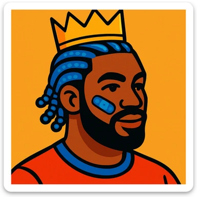 afro man, blue corn rows hairstyle, crown on head, blue band-aid on cheek, modern illustration, vibrant toon style sticker