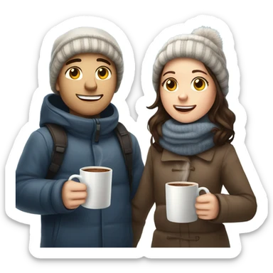 brunette girl and white boy covered up drinking hot chocolate sticker