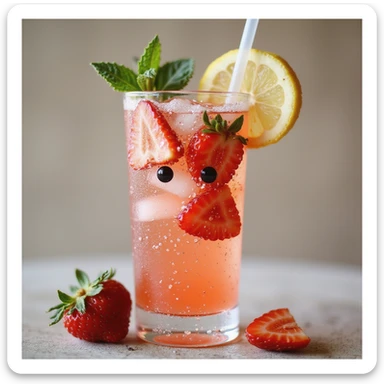 sophisticated realistic strawberry spritz lemonade in a tall glass with pink sparkling liquid, strawberry slices, ice, lemon, mint, glass straw, face gently formed by condensation with warm lifelike eyes and soft inviting expression, refreshing elegant sticker