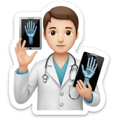 Radiografía de mano sostenida por un médico con bata  piel planta sticker