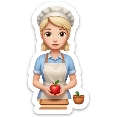 cartoon Apple iOS emoji style woman, pastel colors, Chilean wooden kitchen background, clay pots, warm light, detailed and clean vector art sticker