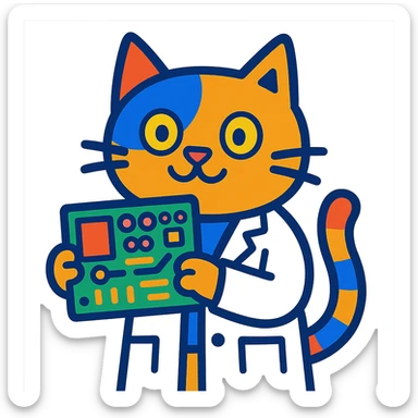 playful and colorful cat in a lab coat holding a circuit board sticker