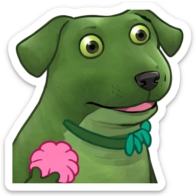 Dog wearing a pink palm puff sticker