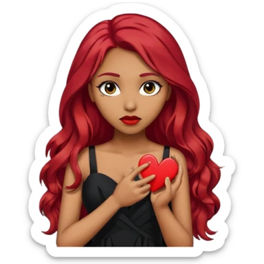  woman light olive skin long red hair dark make up olive skin holding a broken heart black dress sticker