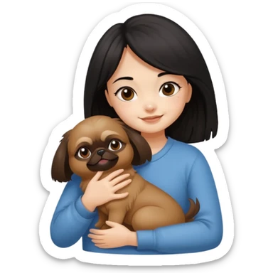 black hair girl hugging cheerfully brown pekingese dog that looks a little bit like brown gremlin sticker