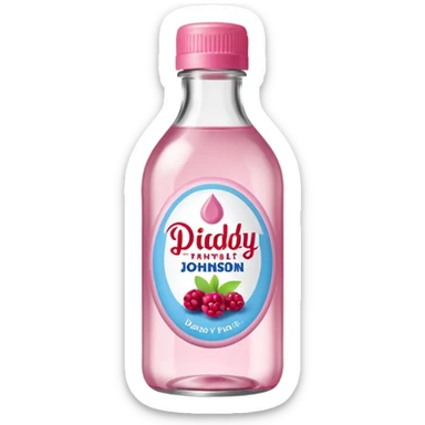 realistic Johnson and Johnson style bottle pink cap pink label clear bottle with berry party written on the logo with diddy logo sticker