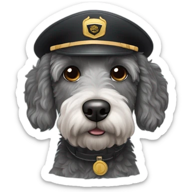 sad grey and black labradoodle dog's face with pilot cap on sticker