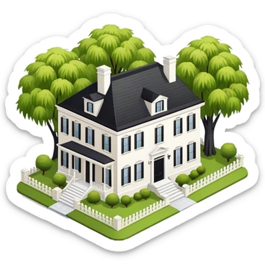 White and black colonial mansion, willow tree in yard, isometric exterior  sticker