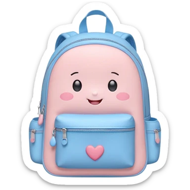 Cute Kawaii Backpack, round and chubby, soft pastel pink and blue, tiny heart-shaped zippers, blushing cheeks, a tiny smiling face, a happy school-time companion! sticker