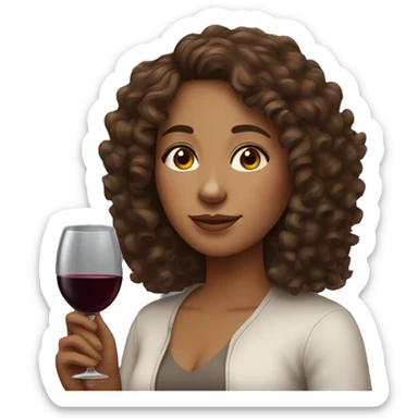 Woman with curly brown hair, brown eyes with a glass of red wine sticker