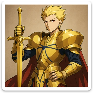 Gilgamesh from Fate anime, holding golden sword, red eyes, regal pose, anime style sticker