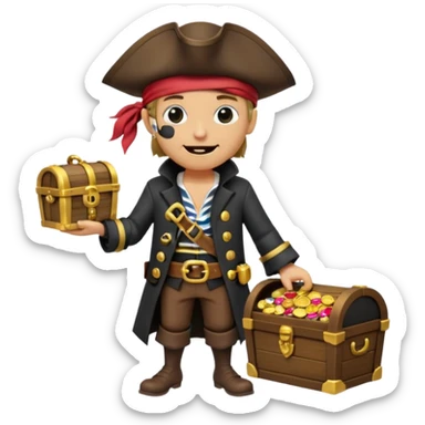 A 3D cartoon pirate character with one eye covered by a black eye patch, holding a treasure chest filled with gold coins and jewels, standing on sandy ground, wearing a pirate hat and coat, warm sunset lighting, realistic Memoji-style rendering. sticker