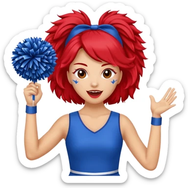 football cheerleader, holding a cheering pom, blue dress and red skin sticker