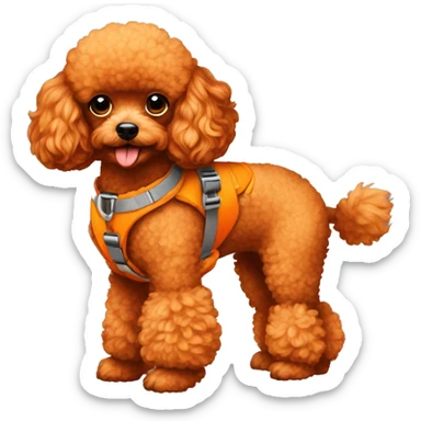 red toy poodle with an orange harness sticker