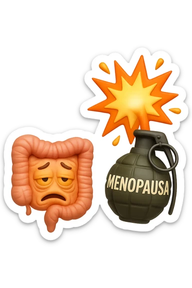 EMOJI STILE IPHONE 3D DI INTESTINO ANZIANO CON RUGHE SFINITO CON ESPRESSIONE STANCA, ACCANTO A LUI SCOPPIA UNA GRANATA 3D CON LA SCRITTA "MENOPAUSA" SOPRA sticker