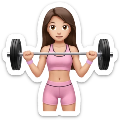 white happy brunette teen long hair with hazel eyes in light pink workout clothes holding a barbell  sticker