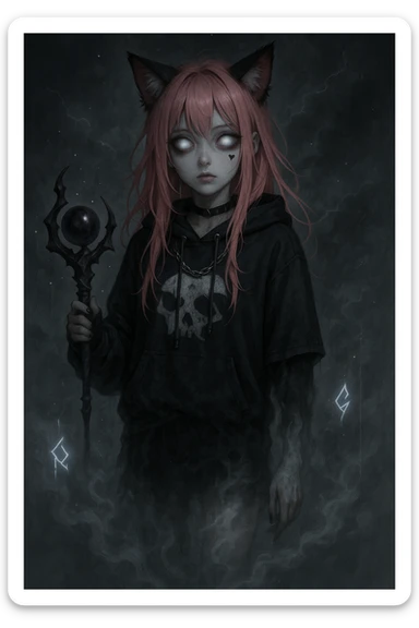 realistic anime catgirl with pink hair, emo streetwear, heart tattoo under left eye, dark magical accessory, sparkles, stormy background, ghostly horror look with half-disappeared body, glowing runes, and mist swirling around her legs sticker