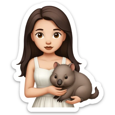 Beautiful woman in 1950’s woman fashion look, white dress, long dark brown hair, wombat sticker