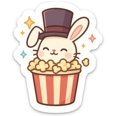fun and magical popcorn tub with a fluffy bunny emerging, bunny has a tall top hat sticker