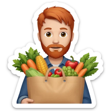 red bearded male holding a grocery bag sticker