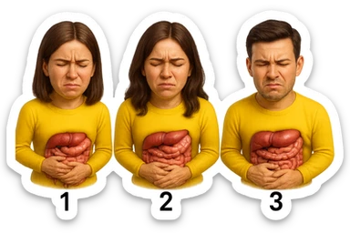 emoji stile iphone di 3 persone, due donne e un uomo, con intestino realistico e mal di pancia, sulle donne ci sono i numeri 1, 2 e sull'uomo il 3, iperrealistico 4k sticker