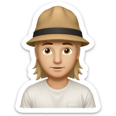 White tshirt, tan hat, mullet sticker