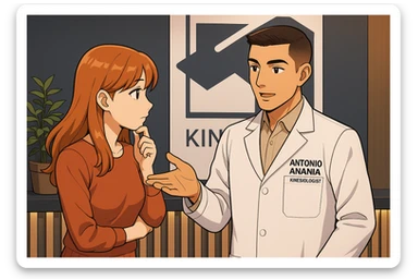 su questo stile fai un manga/webtoon a colori in cui una donna SI TOCCA IL MENTO CON L'INDICE MENTRE ASCOLTA PENSIEROSA L'UOMO, l'uomo della foto in stile manga LE SPIEGA CHE DEVE PROVARE LA SUA VALUTAZIONE MEDICA, mantieni un ambiente simile alla foto che ho allegato con il suo logo (sarebbe il suo studio, lui è un kinesiologo), scrivigli "ANTONIO ANANIA" sul camice bianco, non mettere fumetti, ma fai in modo che sembri che la donna ASCOLTI l'uomo sticker