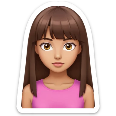 beautiful woman, tan skin, big brown eyes, straight long brown hair, bangs, model, pink top sticker