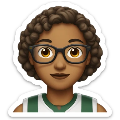 A girl with boyish hair, glasses, a line on her eyebrows, brown eyes, and a basketball player sticker
