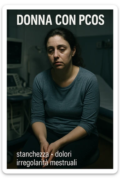 Donna con PCOS in evidente stato di debilitazione, volto stanco, postura affaticata, ambiente medico, luci drammatiche, dettagli realistici, didascalie in italiano, verticale 2:3 sticker