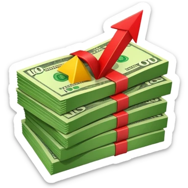 stack of banknotes with a red arrow pointing down sticker