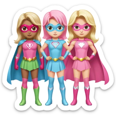 three superhero girls standing together - one in light blue costume, one in pink costume, and one in light green costume sticker