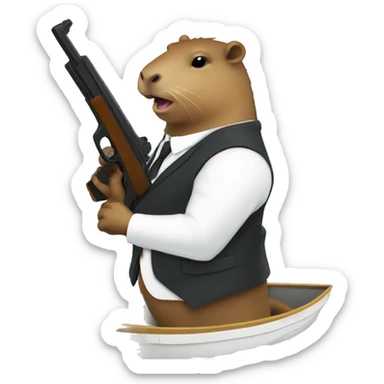 Capybara in a suit with a gun pointed at a boat sticker