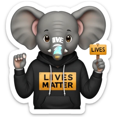 Elephant holding a Black Lives Matter sign and a wearing a hoodie sticker