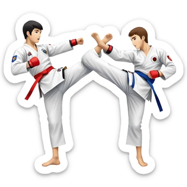 Two taekwondo fighters in a competition arena, one performing a high spinning kick towards the opponent’s head, while the other blocks with a precise guard. The background features a dynamic, bright arena with flags, emphasizing speed and agility in the martial art. Transparent background  sticker