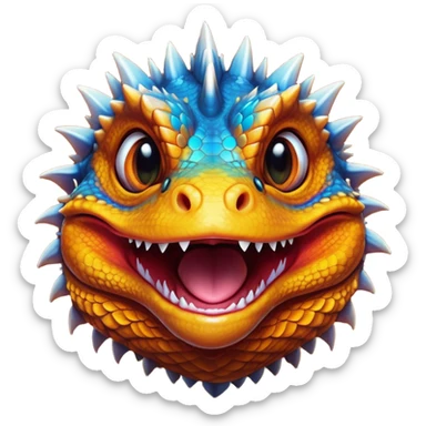Cinematic Comical Bearded Dragon Portrait Emoji, Head tilted dramatically with an exaggeratedly amused expression, featuring a striking, glossy scaled hide with a quirky, spiky beard and wide, expressive eyes full of playful disbelief, Simplified yet hilariously expressive features, highly detailed, glowing with a slightly sassy glow, high shine, dramatic yet playful, stylized with an air of cheeky mischief, bright and endearing, soft glowing outline, capturing the essence of a spirited and over‐the‐top dragon, so meme‐worthy it feels like it could snap its jaws into internet fame instantly! sticker