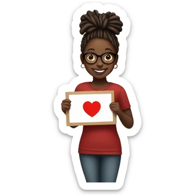 Black girl with red medium length dreadlocks holding a sign that says “PJ” with a red heart on the sign underneath the word, the girl is also smiling and is wearing glasses  sticker