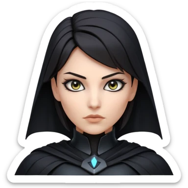 dark sci-fi villain female portrait, head and shoulders only, black armor, cape collar, intense eyes, sharp confident expression, subtle futuristic makeup, dramatic lighting, 3D cartoon, mobile game icon style, clean background, no text, no watermark
 sticker