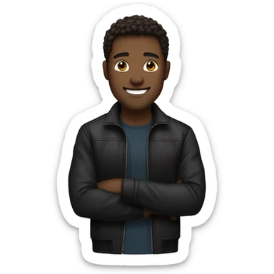 man with brown hair, black skin jacket, smile sticker