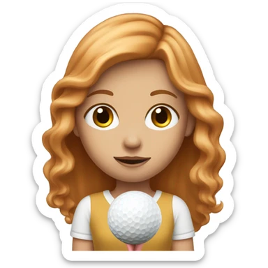 Girl with long dark strawberry blonde hair holding a golf ball sticker