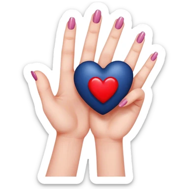 
a hand with a red manicure holds a dark blue heart with two fingers sticker