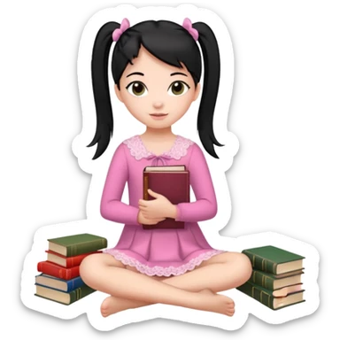 A beautiful girl, wearing a pink lace dress, her long straight black hair is tied in two ponytails, she holds books and crayons in her hands, her feet are bare, sitting on the floor with her legs crossed. sticker