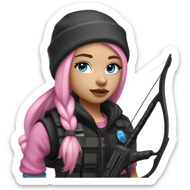 girl, white skin, tactical vest, dark pants, long pink hair, blue eyes, black beanie hat with crescent moon on front, black combat boots, bow and arrow sticker