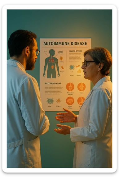 Realistic, detailed photo taken from behind of two doctors—a bearded man and a middle-aged woman—standing and facing each other as they discuss an autoimmune disease diagnosis in front of a medical chart that displays information about the immune system and autoimmune conditions. The scene is illuminated by a yellowish, orange, warm light that softly envelops the doctors. The entire room is bathed in a single green-blue color, creating a cohesive and modern atmosphere. Both doctors wear white coats, and their body language suggests a serious, professional conversation about the complexities of autoimmune diseases. Shot with a Canon EOS R5, with high detail and natural depth of field. in italiano sticker