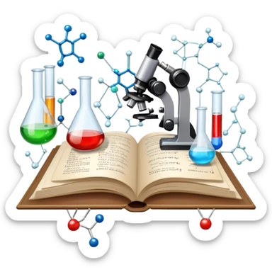 Icon for Scientific and Educational Reading: an open book with mathematical and physical formulas on the pages, with molecules and atoms flying out. On the desk are test tubes, flasks, and a microscope. Transparent background. sticker