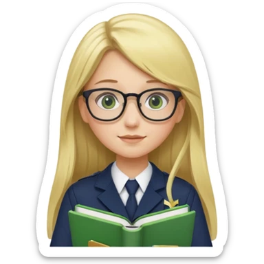 Girl student wearing uniform, glasses, hold green book in front of their chest, blonde long straight hair, white skin sticker